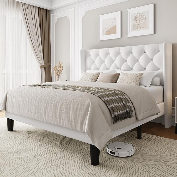 Queen Size Upholstered Bed Frame with Wingback Headboard, Fabric Linen Platform Bed, 8" Under Bed Storage, Wooden and Metal Slats Support, No Box Spring Needed, White