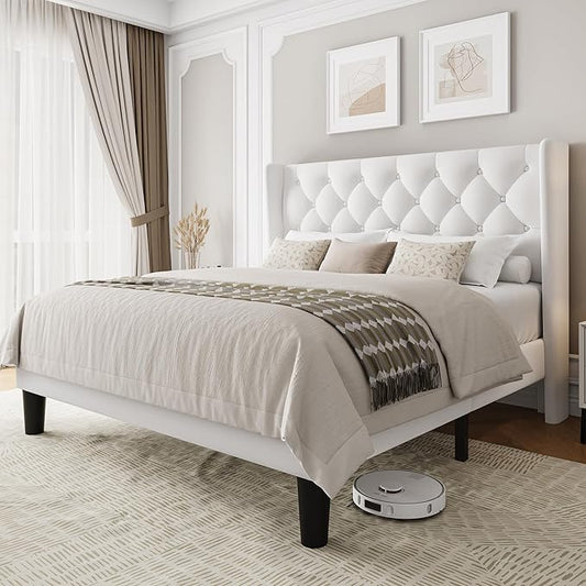 Full Size Upholstered Bed Frame with Wingback Headboard, Fabric Linen Platform Bed, 8" Under Bed Storage, Wooden and Metal Slats Support, No Box Spring Needed, Noise Free, White