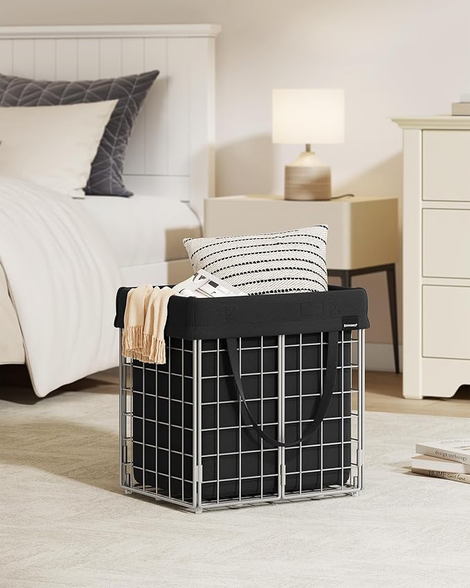 SONGMICS Laundry Hamper, 11 Gal. (50L) Laundry Basket, Collapsible Clothes Hamper, Removable and Washable Liner, Metal Wire Frame, for Bedroom Bathroom, Silver and Classic Black ULCB150B01
