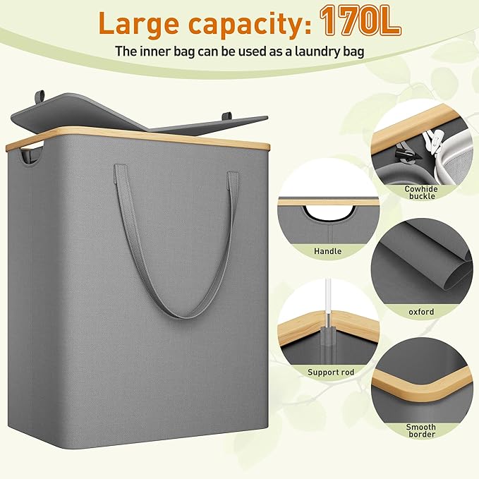 170L Laundry Hamper with Lid 3 Section, Extra Large Laundry Basket with 3 Removable Bags, Laundry Basket Organizer for Bedroom, Laundry Room, Dorm, Clothes Hamper, Grey