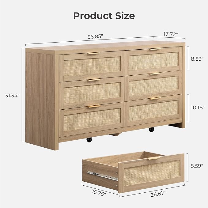 SICOTAS Rattan Dresser for Bedroom, 57" Wide 6 Drawer Dresser with Ample Storage, Dressers Large Chest of Drawers, Closet, Boho TV Stand for Bedroom (Reclaimed Light Oak, 1 Piece)