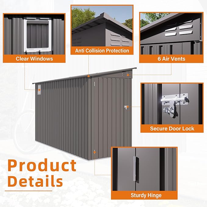4x9 ft Lean to Shed, Outdoor Storage Shed with Lockable Single Door and Window, Metal Storage Sheds with Sloping Roof and 2 Vents, Outside Garden Tool Sheds for Backyard, Patio (Grey)