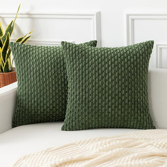 Kevin Textile Throw Pillow Covers Soft Corduroy Decorative Set of 2 Boho Striped Pillow Covers Pillowcases Farmhouse Home Decor for Couch Bed Sofa Living Room 24x24 Inch Moss Green