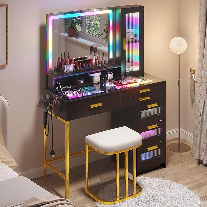 HENBC Vanity with Mirror and LED Lights, Glass Top Vanity Desk with Charging Station(Wireless+USB+Type-C), RGB Makeup Table Set with Stool/Makeup Organizer/6 Drawers for Bedroom,Black