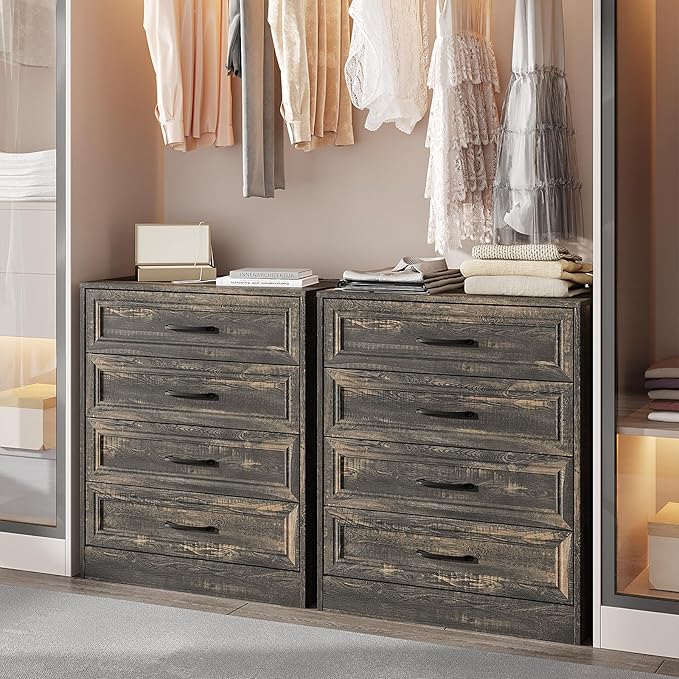 Fameill Dresser for Bedroom, 4 Drawer Small Dresser Organizer with Charging Station for Livingroom, Chest of Drawers with Metal Handles, Dark Brown