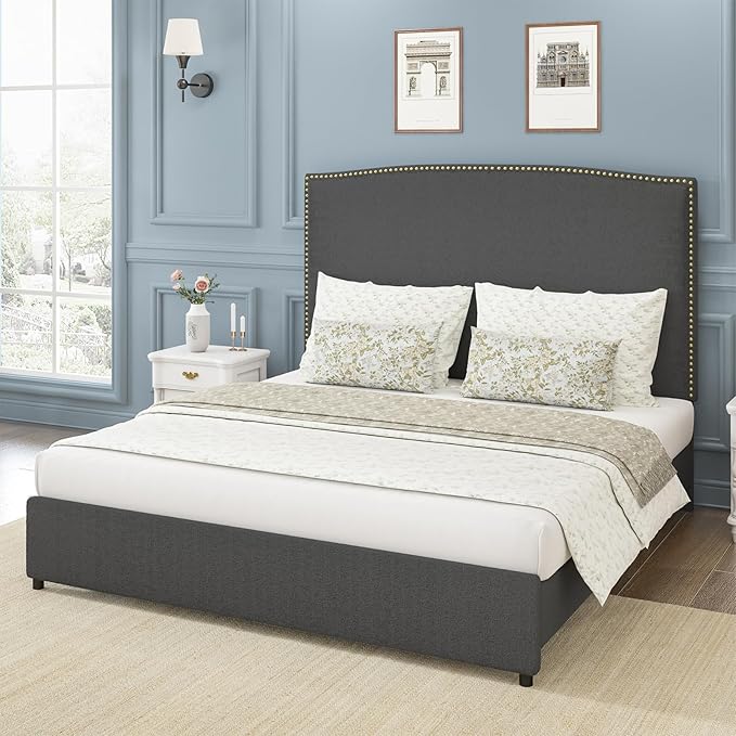 Full Bed Frame, Full Size Upholstered Platform Bed Frame with 56" Headboard, Soft Boucle Fabric, Mid-Century Modern Design, No Box Spring Required, Easy Assembly, Grey