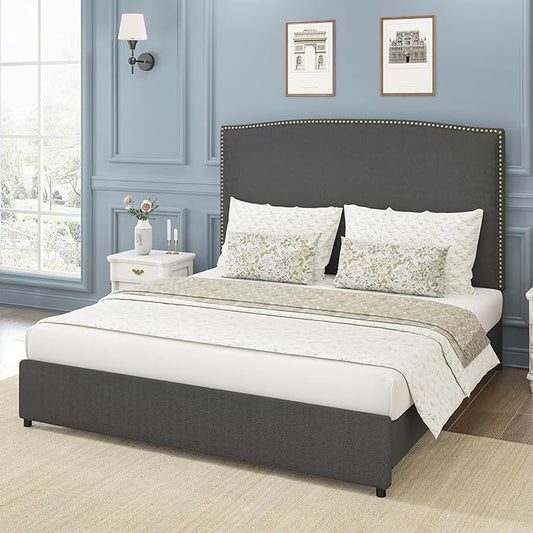Full Bed Frame, Full Size Upholstered Platform Bed Frame with 56" Headboard, Soft Boucle Fabric, Mid-Century Modern Design, No Box Spring Required, Easy Assembly, Grey