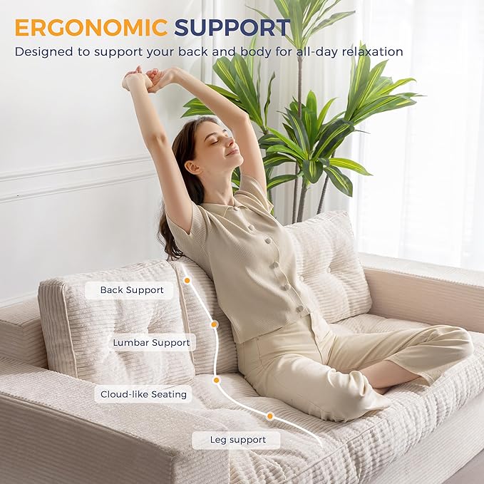 MAXYOYO 3 Seater Couch for Living Room, Boneless Couch with Tufted Cushion & Backrest, Upholstered Floor Sofa with Armrests, Sofa in A Box, No Assembly Required, Beige