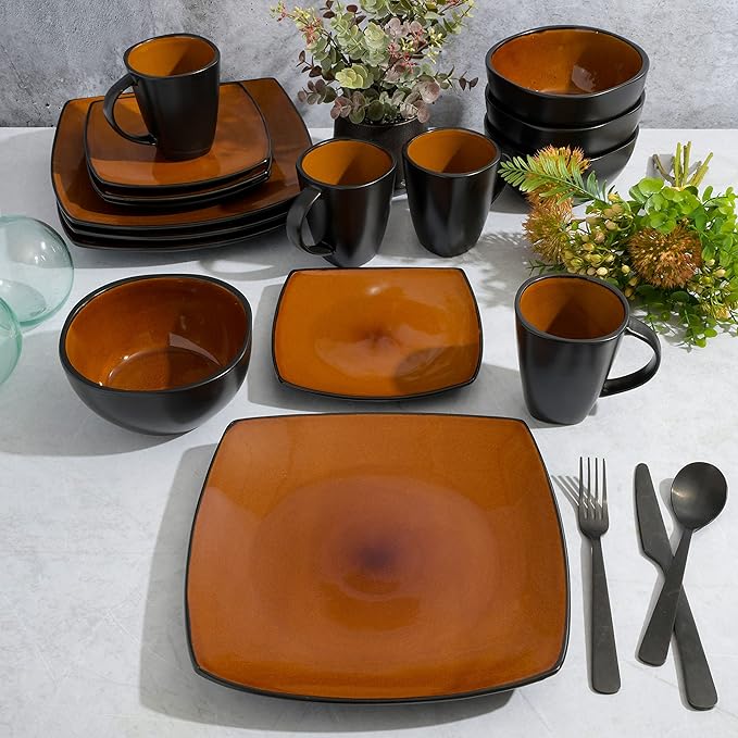 Gibson Elite Soho Lounge Square Reactive Glaze Stoneware Dinnerware Set, Service for 4 (16pc), Amber