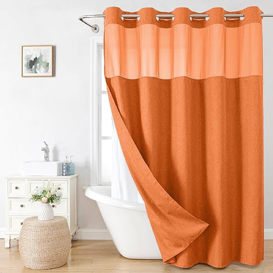 Extra Long No Hooks Needed Linen Textured Shower Curtain with Snap-in Fabric Liner Set,White Hotel Luxury Decor Shower Curtains for Bathroom,Waterproof & Washable,71Wx86H,Burnt Orange