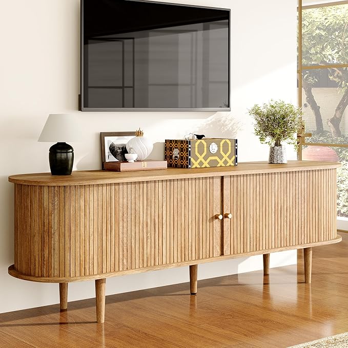 70" TV Stand with Tambour Door, Mid Century Modern TV Console with Solid Wood Legs for TVs up to 80", Fluted Entertainment Center with Dust-Proof Storage for Living Room, Natural Oak