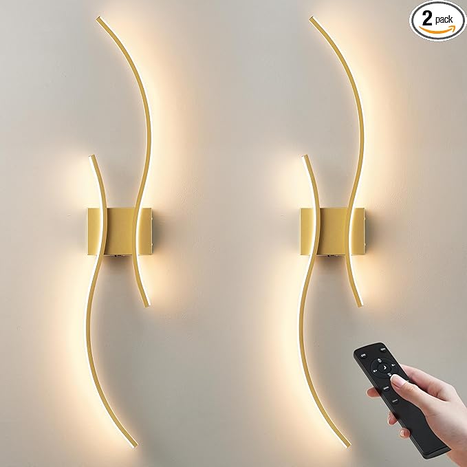 Battery Operated Wall Sconces Set of Two with Remote Control, Stepless Colors 3000K-6000K & Dimming, LED Gold Wireless Wall Light for Living Room, Hallway, Bedroom, 39.3 Inch (2 Pack)