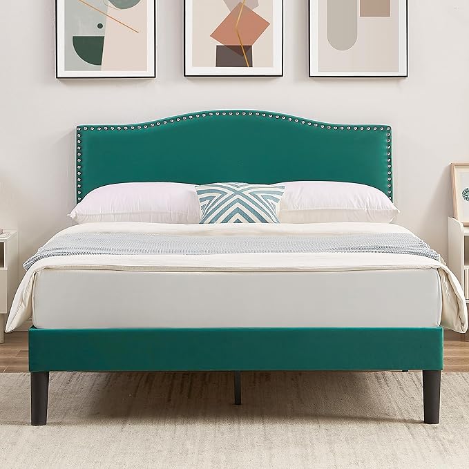 VECELO Full Bed Frame, Platform Bed Frame with Adjustable Height Upholstered Headboard, Heavy-Duty Frame and Strong Wooden Slats Support, Non-Slip and Noise-Free, Easy Assembly, Dark Green