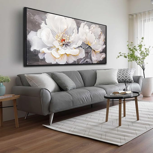 White Flower Wall Decor - Canvas Wall Art for Bedroom Women - Black Framed Wall Art Size 29" x 59"