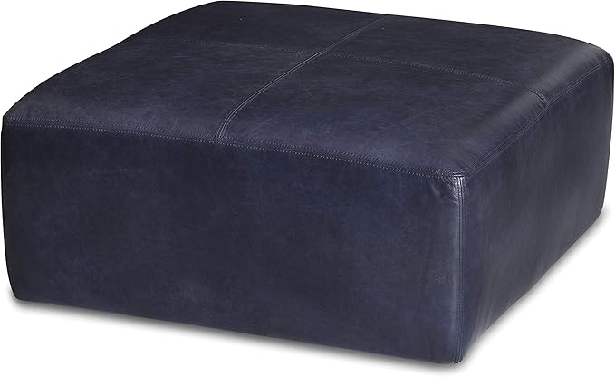 Poly & Bark Sequoia Ottoman – 35” Square Pouf with Feather-Down Topper – Full-Grain Leather Upholstered Pouf Ottoman for Living Room – Italian Leather in Midnight Blue