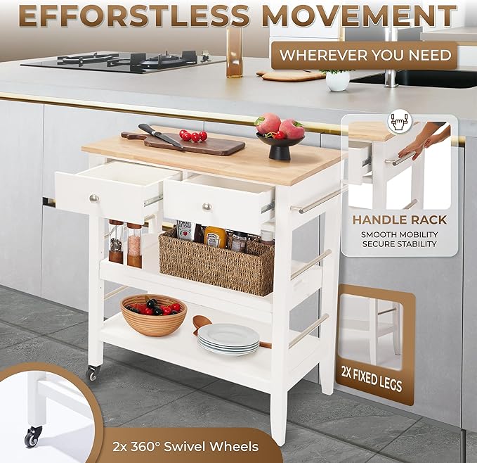Rolling Kitchen Island Cart, White Kitchen Cart with Rubberwood Top, Ample Storage Drawers, Adjustable Shelves, Utility Cart with Wheels for Small Kitchens, 35” Height
