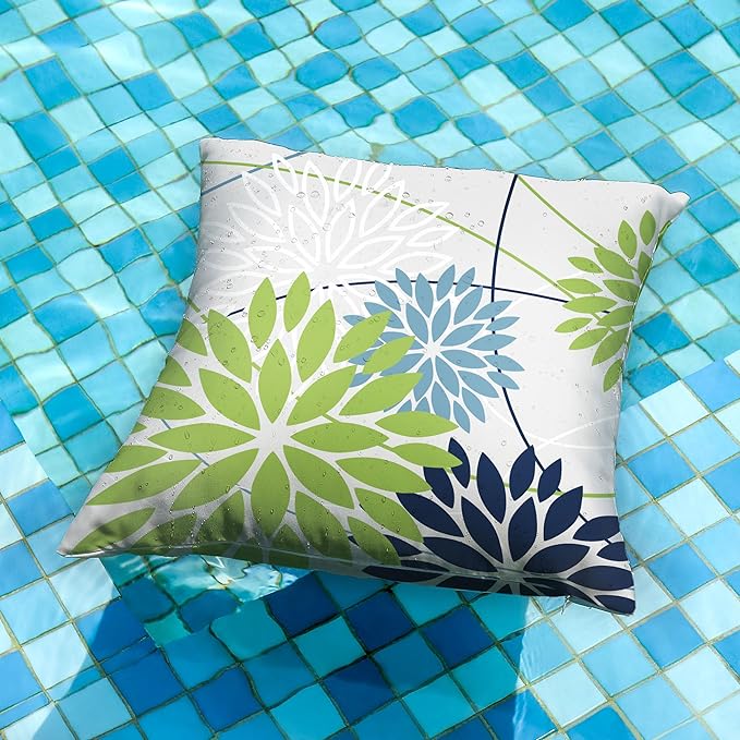 Green and Dark Light Blue Floral Pillow Covers 18x18 Set of 2 Outdoor Pillows Covers Waterproof Summer Pillowcovers Polyester Cushion Case Decor for Couch Patio Funiture Garden Porch 01U18