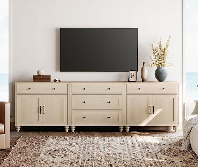 WAMPAT Farmhouse TV Stand for 100 Inch TV, TV Console Table with 5 Drawers, Entertainment Center for 75/80/85/90 Inch TV, Kitchen Sideboard Buffet Cabinet for Dining Room & Living Room, Light Beige