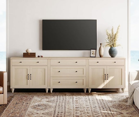 WAMPAT Farmhouse TV Stand for 100 Inch TV, TV Console Table with 5 Drawers, Entertainment Center for 75/80/85/90 Inch TV, Kitchen Sideboard Buffet Cabinet for Dining Room & Living Room, Light Beige