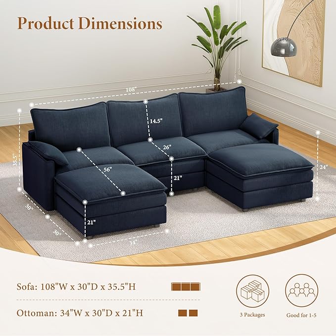 Vesgantti 108" U Shaped Sectional Couch, Comfy Cloud Modular Sectional Sofa with 2 Ottoman Deep Seat Chenille Modern Cloud Sofa, Modular Sofas for Living Room, Bedroom and Apartment, Blue