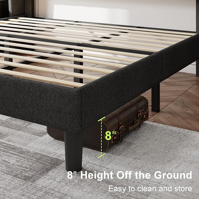 Feonase King Size Bed Frame with Wingback Tufted Headboard, Upholstered Platform Bed Frame with Heavy Duty Wooden Slats Support, Noise-Free, No Box Spring Needed, Easy Assembly, Dark Grey