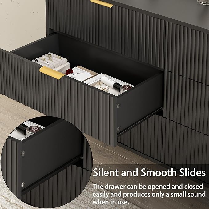 Black Dresser for Bedroom, 6 Drawers Wood Dresser with Golden Handle, Modern Wood Chest for Living Room, Hallway, Entryway