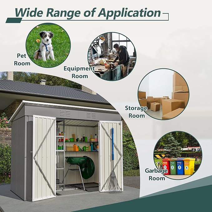 8x4 FT Outdoor Storage Metal Shed with Air Vents Sloping Roof Double Lockable Doors Waterproof Tool Galvanized Ideal for Backyard Patio Lawn Gray Shed Storage