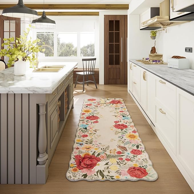 Floral Hallway Runner Rug 2'6"x8' Non Slip Washable Kitchen Rug Runners Boho Vintage Low Pile Carpet for Entryway, Laundry Room High Traffic Areas, Indoor Rug for Bathroom (Beige