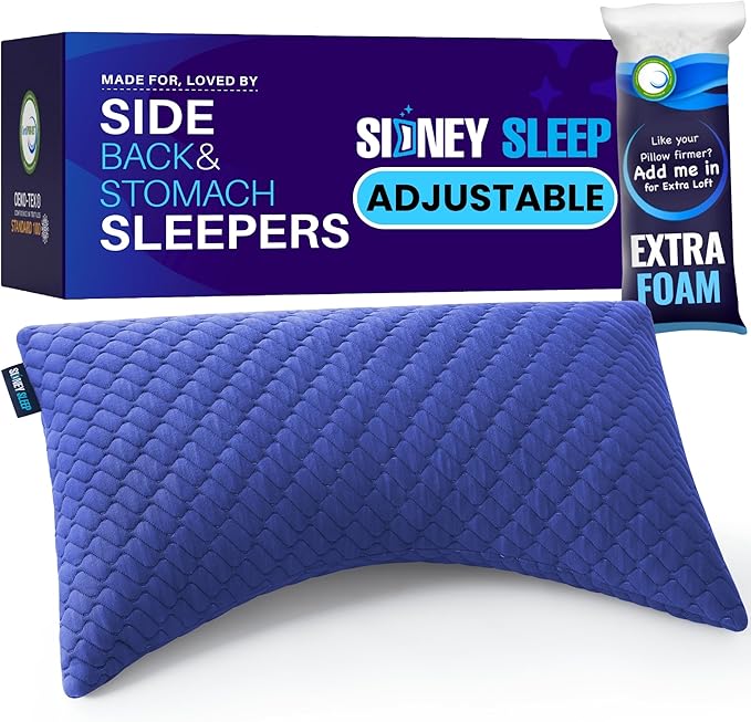 Sidney Sleep Pillow for Side and Back Sleepers - Comfort for Neck and Shoulder Pain - Adjustable and Customizable Shredded Memory Foam Filling - Queen Size - Additional Foam Fill Included (Blue)