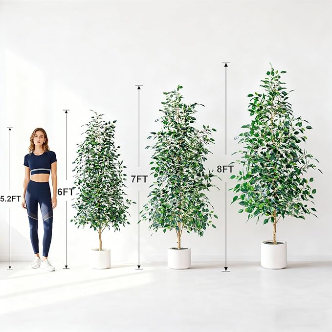 7FT Artificial Ficus Trees Indoor Faux Trees Indoor Fake Floor Plants Tall Artificial Tree with White Pot Faux Tree Fake Indoor Tree Silk Plants Artificial Trees for Home Decor Indoor