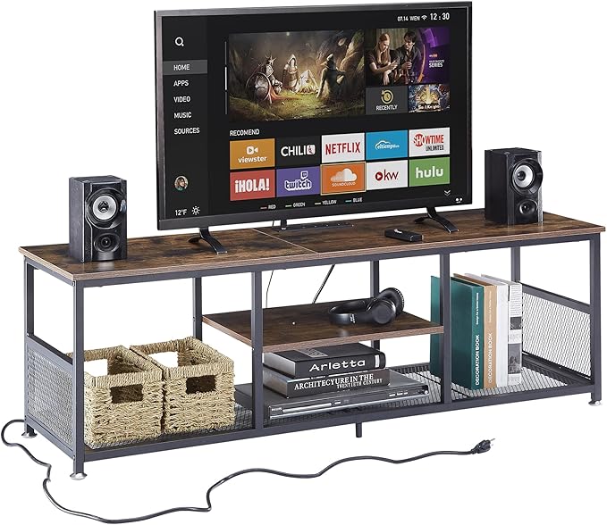 VECELO TV Stand with Power Outlets for Televisions up to 65Inch, 55" Media Entertainment Center with Charging Station 3-Tier Open Storage Shelves with Metal Frame for Living Room/Bedroom，Brown