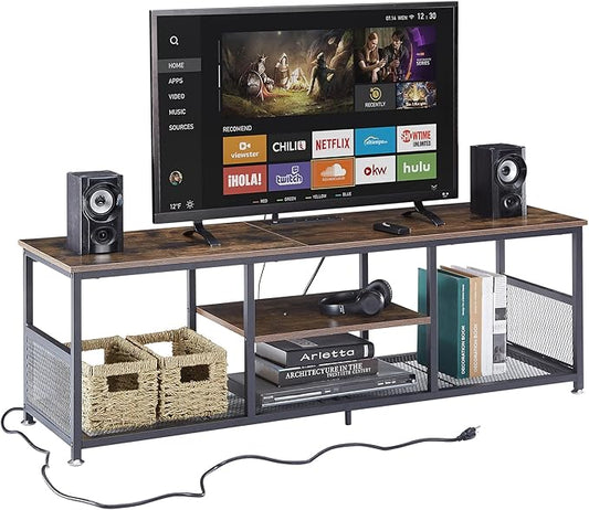 VECELO TV Stand with Power Outlets for Televisions up to 65Inch, 55" Media Entertainment Center with Charging Station 3-Tier Open Storage Shelves with Metal Frame for Living Room/Bedroom，Brown