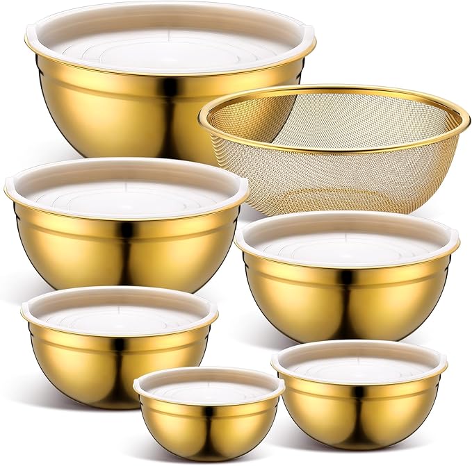 7 Pack Gold Mixing Bowls with Airtight Lids Stainless Steel Mixing Bowl, Metal Nesting Organizers and Stainless Steel Colander Set for Baking Serving Food (0.8,1,1.5,2.0,2.5,4.0 Qt)