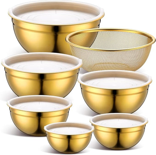 7 Pack Gold Mixing Bowls with Airtight Lids Stainless Steel Mixing Bowl, Metal Nesting Organizers and Stainless Steel Colander Set for Baking Serving Food (0.8,1,1.5,2.0,2.5,4.0 Qt)