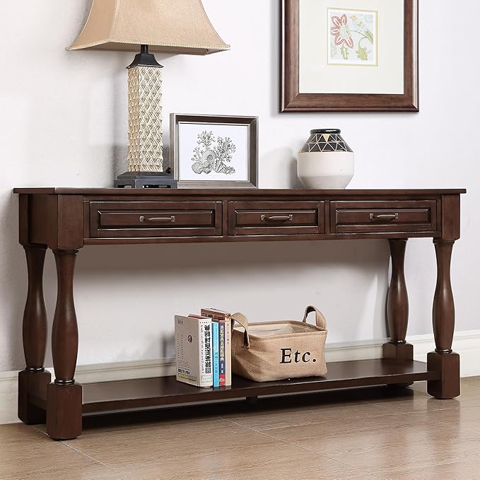 63inch Solid Wood Console Table with 3 Drawers and 1 Bottom Shelf Extra-Thick Sofa Table(Light Espresso)