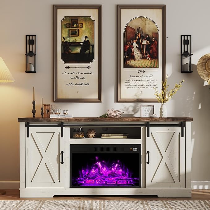 AMERLIFE Fireplace TV Stand with Sliding Barn Door for TVs up to 73", Farmhouse 63" Fireplace Entertainment Center with Storage Cabinets/Adjustable Shelves, Distressed White & Barnwood