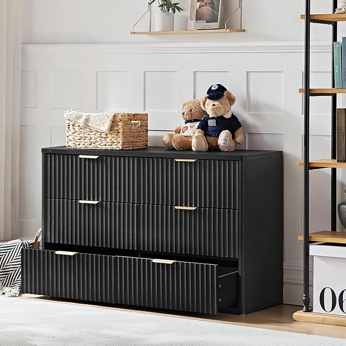 LEYAOYAO Fluted 6 Drawers Dresser for Bedroom, 48" Wide Modern Chest of Drawers with Metal Handle, Black Curved Profile Farmhouse Closet Organizer Wood Dressers TV Stand for Living Room, Hallway