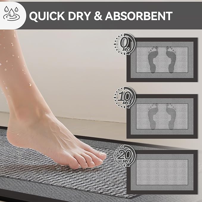 Non Slip Thin Bath Mat Bathroom Rugs, Rubber Backing Ultra Thin Bathroom Rug Fit Under Door, Quick Dry Super Absorbent Washable Shower Bath Mats, Grey 20x32