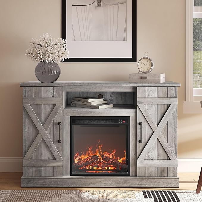 BELLEZE 47" TV Stand with 18" Electric Fireplace Heater & Media Entertainment Center Console Table for TV up to 50" with Open Storage Shelves & Cabinets - Veropeso (Grey Wash)