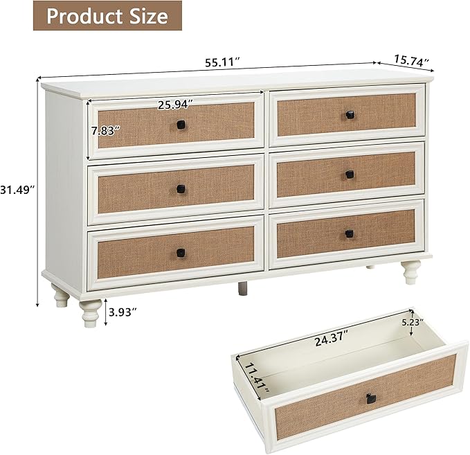 6 Drawer Dresser for Bedroom, Mid Century Modern Wide Wood Rustic Chest of Drawers Wooden Storage Organizer Dressers with Burlap Rattan Drawers for Living Room, Hallway Closet, Entryway, Beige White