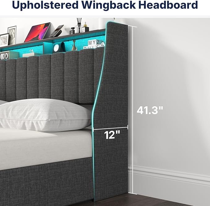 Full Size Bed Frame with 4 Storage Drawers & Adjustable LED Light, Upholstered Full Size Platform Bed Frame with Storage Wingback Headboard, Easy Assembly, Dark Grey