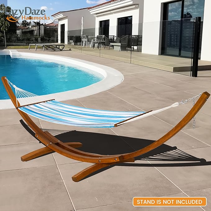 Lazy Daze Hammocks Cotton Fabric Spreader Bar Hammock, Outdoor Portable Hammock with Carrying Bag & Tree Straps for Bedroom, Patio, Backyard, Balcony, Max 450lbs Capacity, Blue & White