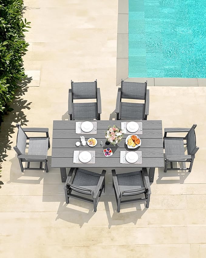 SERWALL 5 Piece Outdoor Dining Table Sets for 4 with 1 Umbrella Hole Cut-Out Rectangular Table and 4 Textilene Chairs, HDPE Dining Table Sets for Garden, Backyard, Poolside, Gray