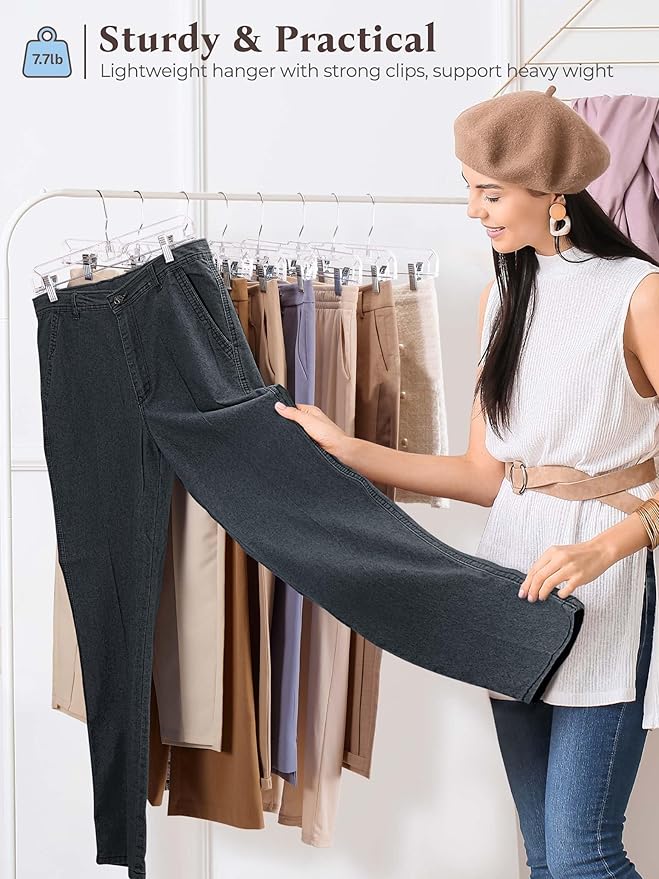HOUSE DAY Clear Pants Hangers with Clips 200 Pack, Non-Slip Plastic Skirt Hanger with Adjustable Clips, Slim Clip Hangers for Pants, Skirts, Shorts, 14" Clear Hanger, 360-Rotating Swivel Hook