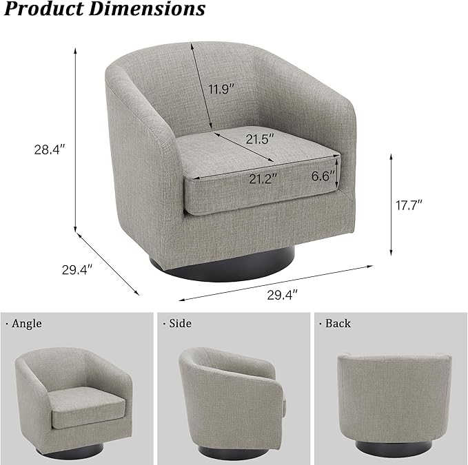 Swivel Barrel Accent Chair, Modern Round Linen Arm Chair for Living Room, Bedroom, Comfy Club Reading Chairs for Adults（Linen Fabric, Khaki, Set of 4