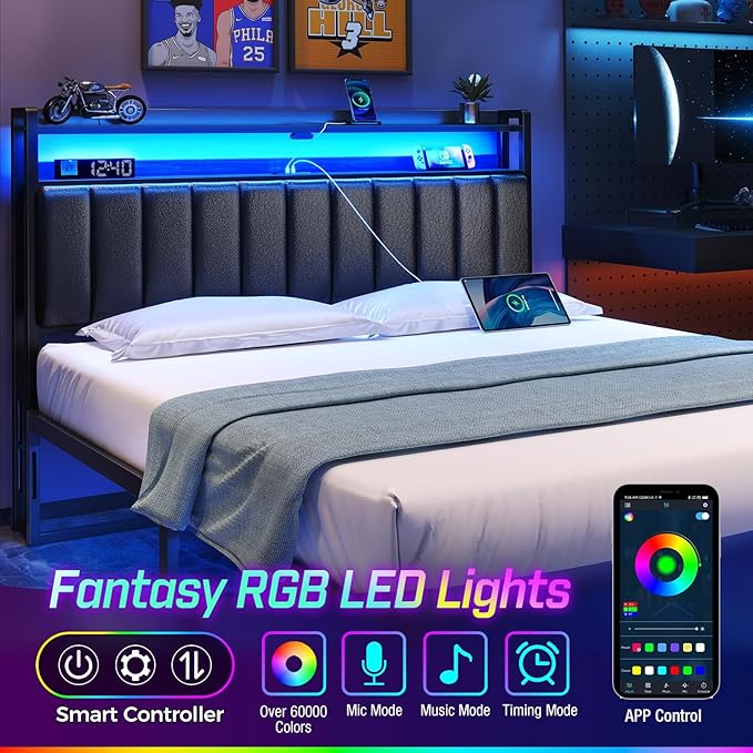 Rolanstar Headboard for Full Size Bed with Storage, 60,000 DIY Color of LED Light, Head Board with USB & Type C Port, Height Adjustable, Black Upholstered Cabeceras de Cama Comfortable Modern, Leather