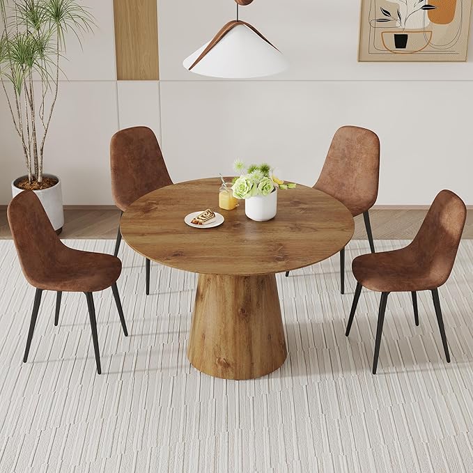 45 Inch Round Dining Table Set for 4, 5 Piece Kitchen Table and Chairs Set, Wooden Table with Light Walnut Finish, Small Space Dining Set for Apartment or Dining Room