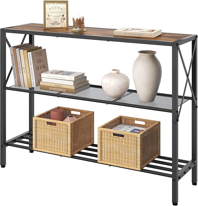 Hoctieon Industrial Console Table, 3 Tier Entryway Table, Hallway Table, Narrow Sofa Table with Shelves, Entrance Table for Entryway, Living Room, Foyer, Hallway, Office, Rustic Brown&Black