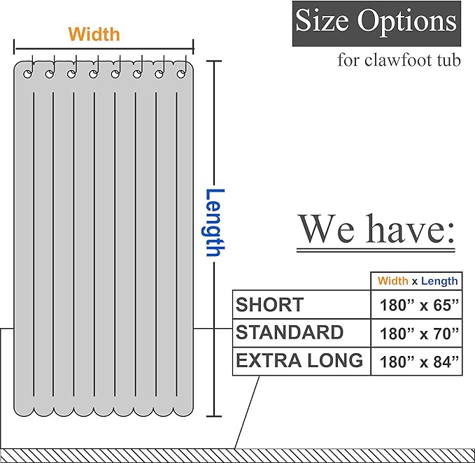 Barossa Design Waffle Weave Clawfoot Tub Shower Curtain 180 x 84 Inch Wrap Around - Extra Long & Extra Wide, Heavyweight Fabric, Washable, Water Repellent, with 36 Hooks Set, White, 180x84