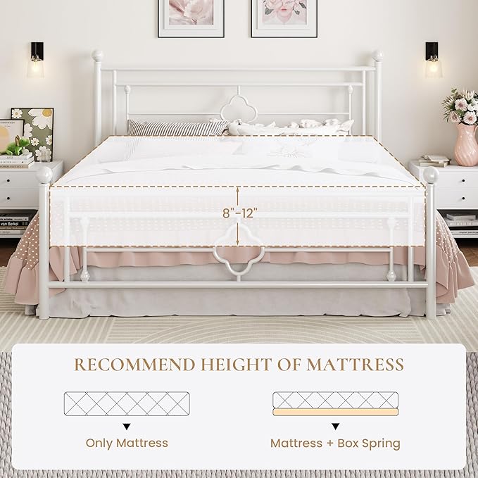 SHA CERLIN 14 Inches King Size Metal Platform Bed Frame/Vintage Iron-Art Headboard and Footboard/Mattress Foundation for Storage/No Box Spring Needed/Noise-Free/Easy Assembly/White